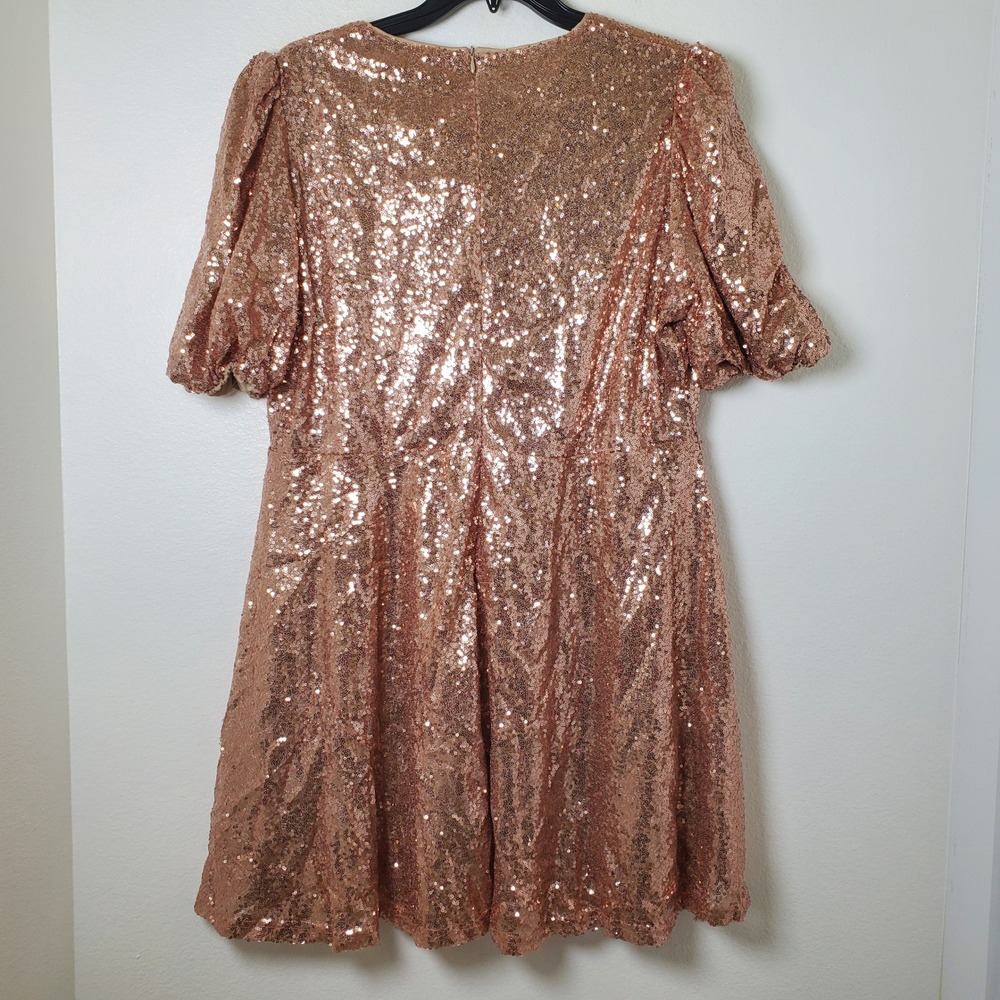 Boohoo NWT Sequin Puff Sleeve Skater Dress Champagne Rose Gold Plus Size 16 - Picture 6 of 14